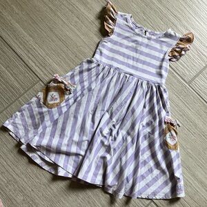 SweetHoney Lavender Striped Dress with Ruffle Sleeves